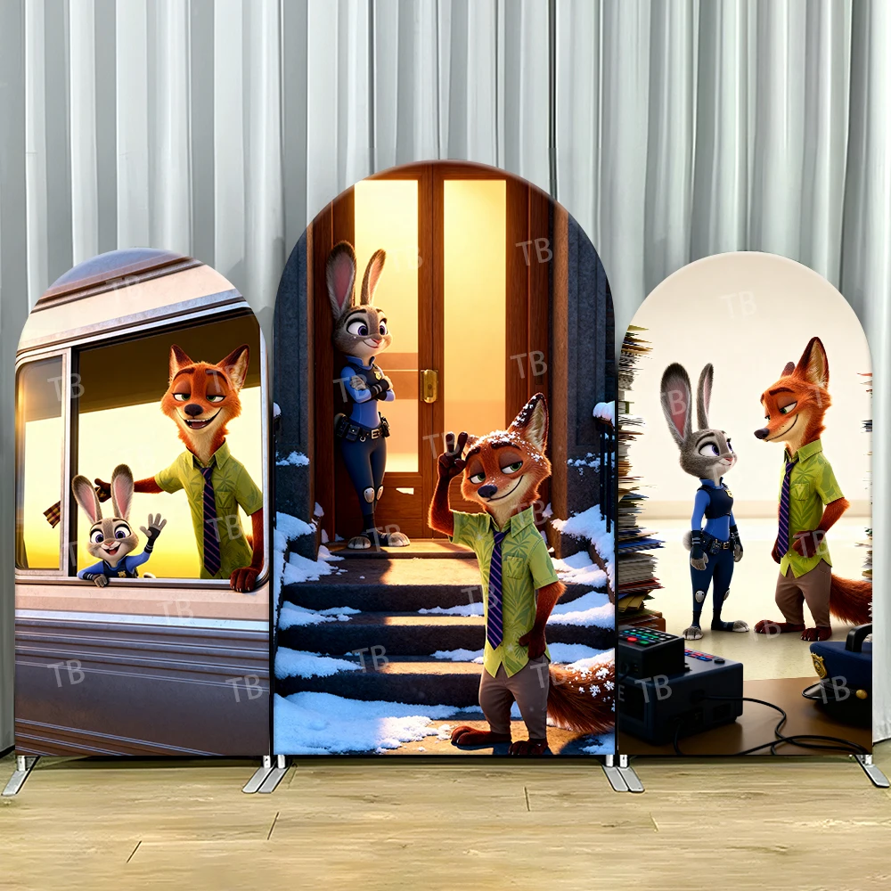 

Zootopia Judy Nick Winter Arch Backdrop Cover Train Scene For Kids Birthday Party Lively Cartoon Theme Photo Booth Decor Prop
