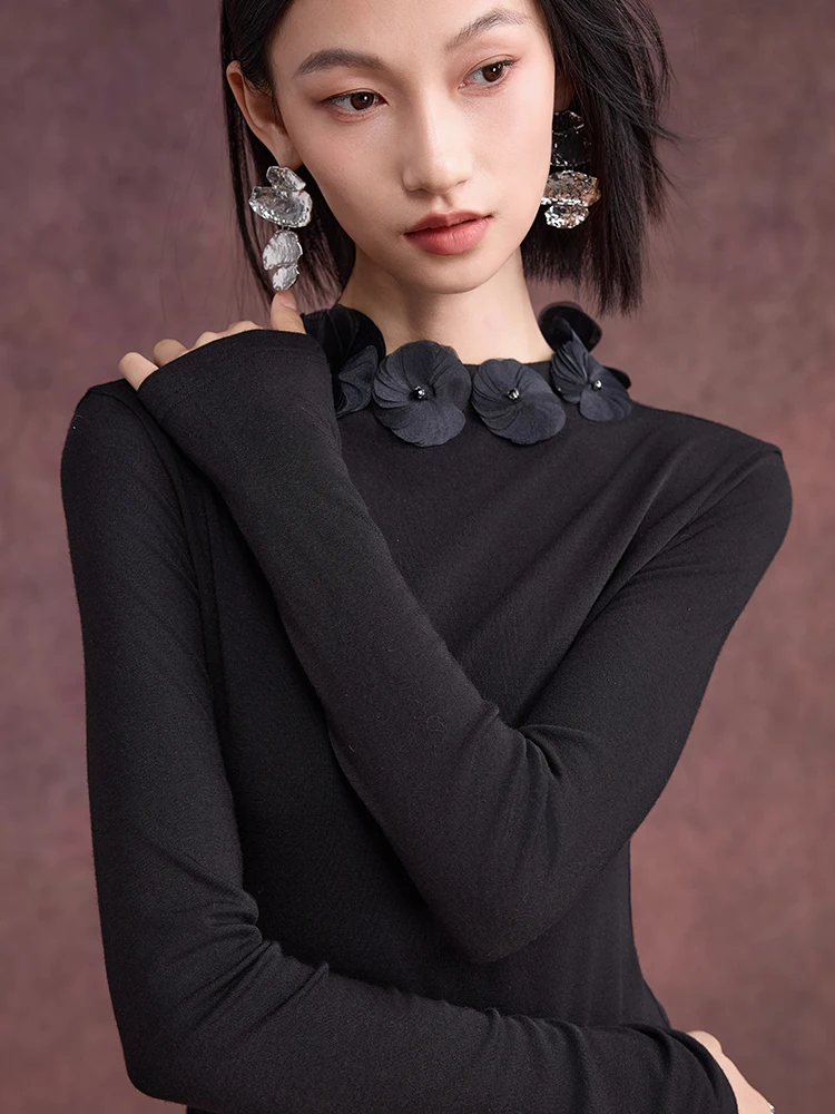 

Spring New Arrival Floral round Ne Pullover Knitted Base Top Women's Slim Fit Long Sve Crew Ne Base Layer irt