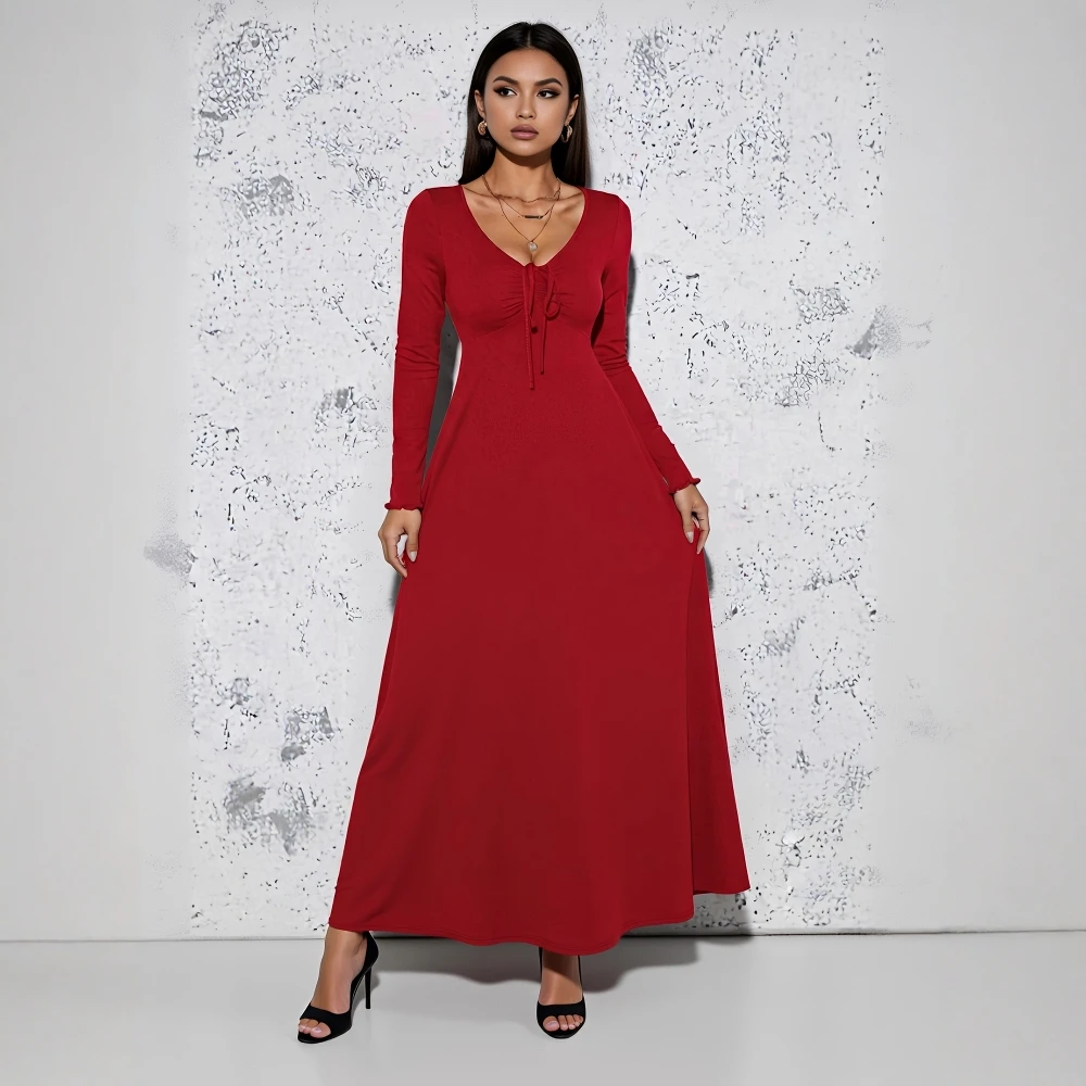 Lässiges mittellanges A-Linien-Kleid, eng anliegend, V-Ausschnitt, gerade Ärmel, Herbst- und Winterkleidung, Damenmode-Stil