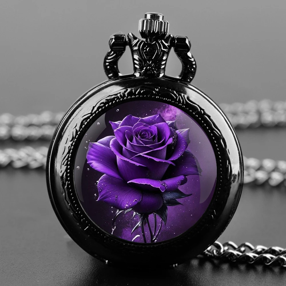 Purple Rose Inspired Design Black Quartz Pocket Watch with Durable Chain Arabic Numeral Time Display for Men and Women Gifts