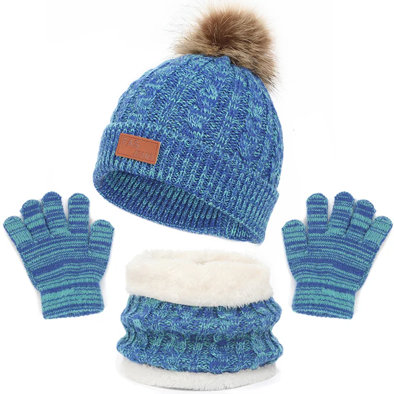 2023 Winter Warm Sets Hat Scarf and Gloves Children\'s Knitted Ball Caps Thermal Suit Boys Girls Caps Suits Kids Gift 1-6Years