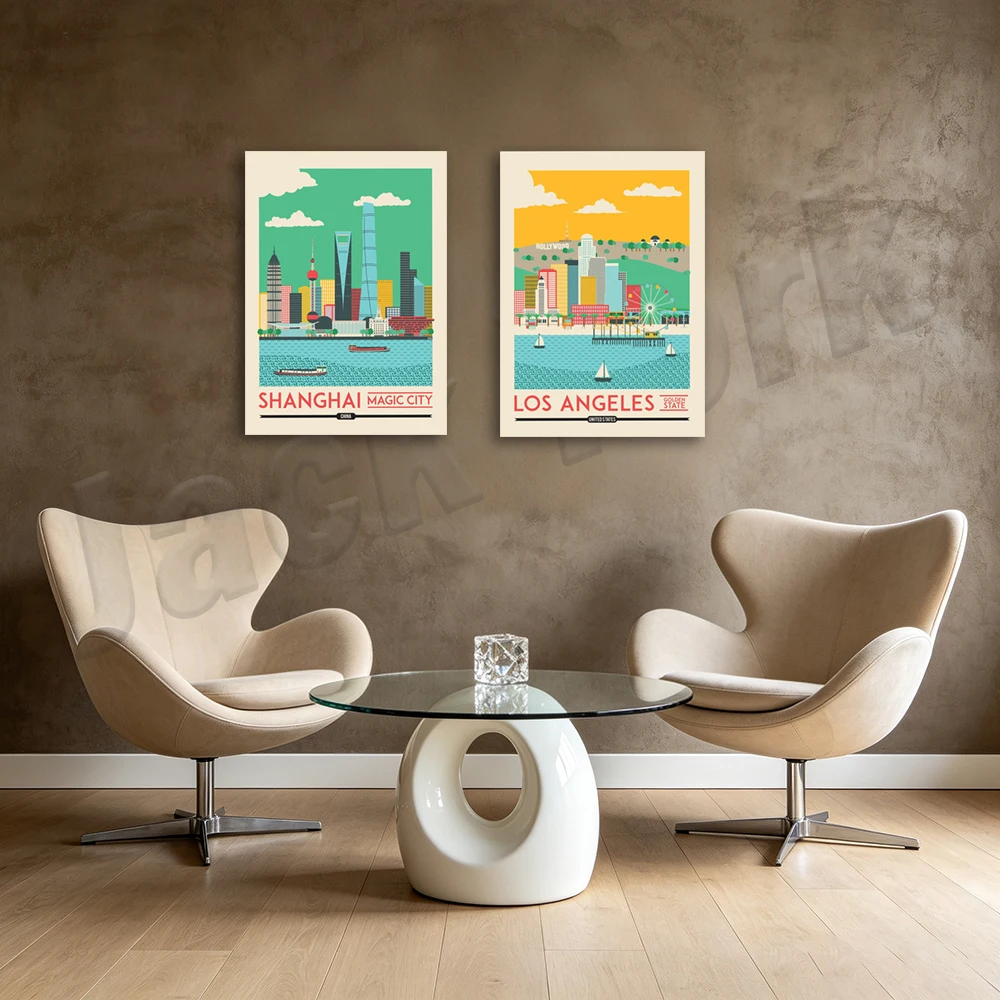 Travel posters for Boston, New York, Portland, Los Angeles, London, Seattle, Singapore, Bali, San Francisco, and Chicago.