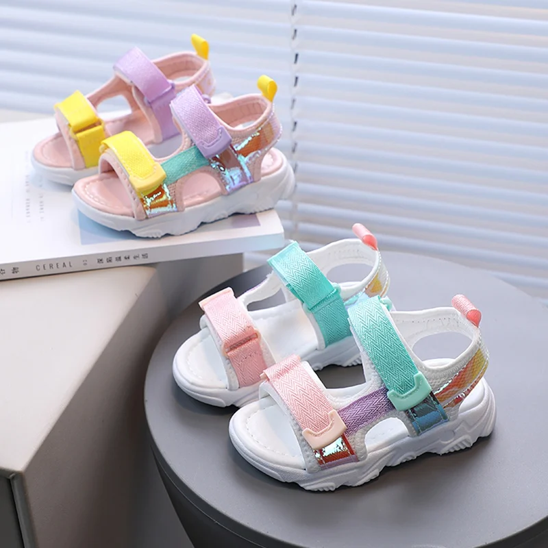 Summer Children Soft Comfy Sport Sandals Breathable Mesh Baby Girls Boys Non-Skid Shoes Colorful Reflective PU Leather Shoes 