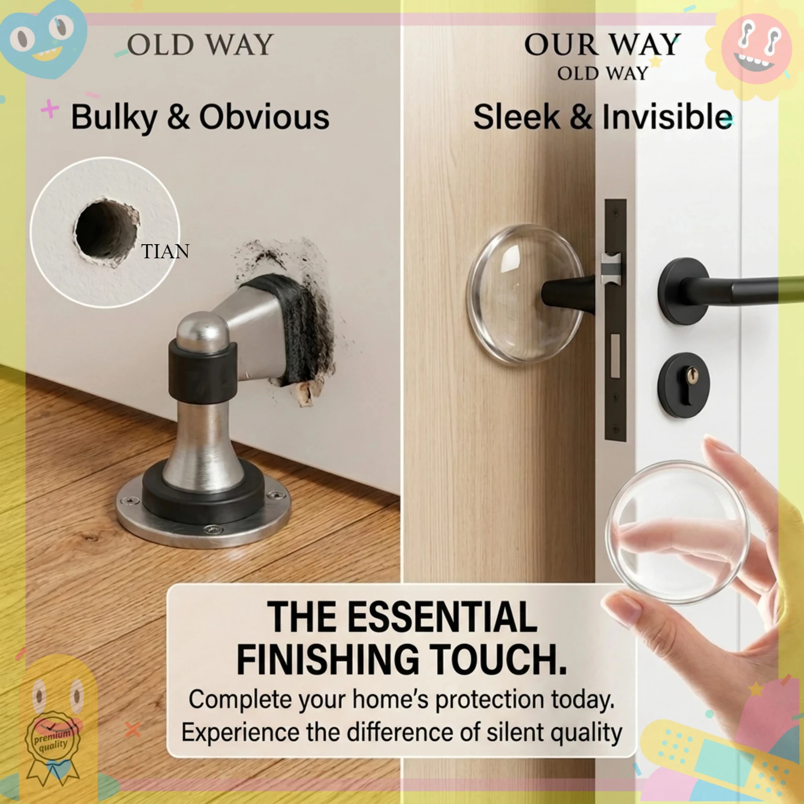 TIAN Invisible Clear Door Stoppers, Self‑Adhesive Door Handle Wall Protector, Shock‑Absorbent Silent Door Bumper, Transparen