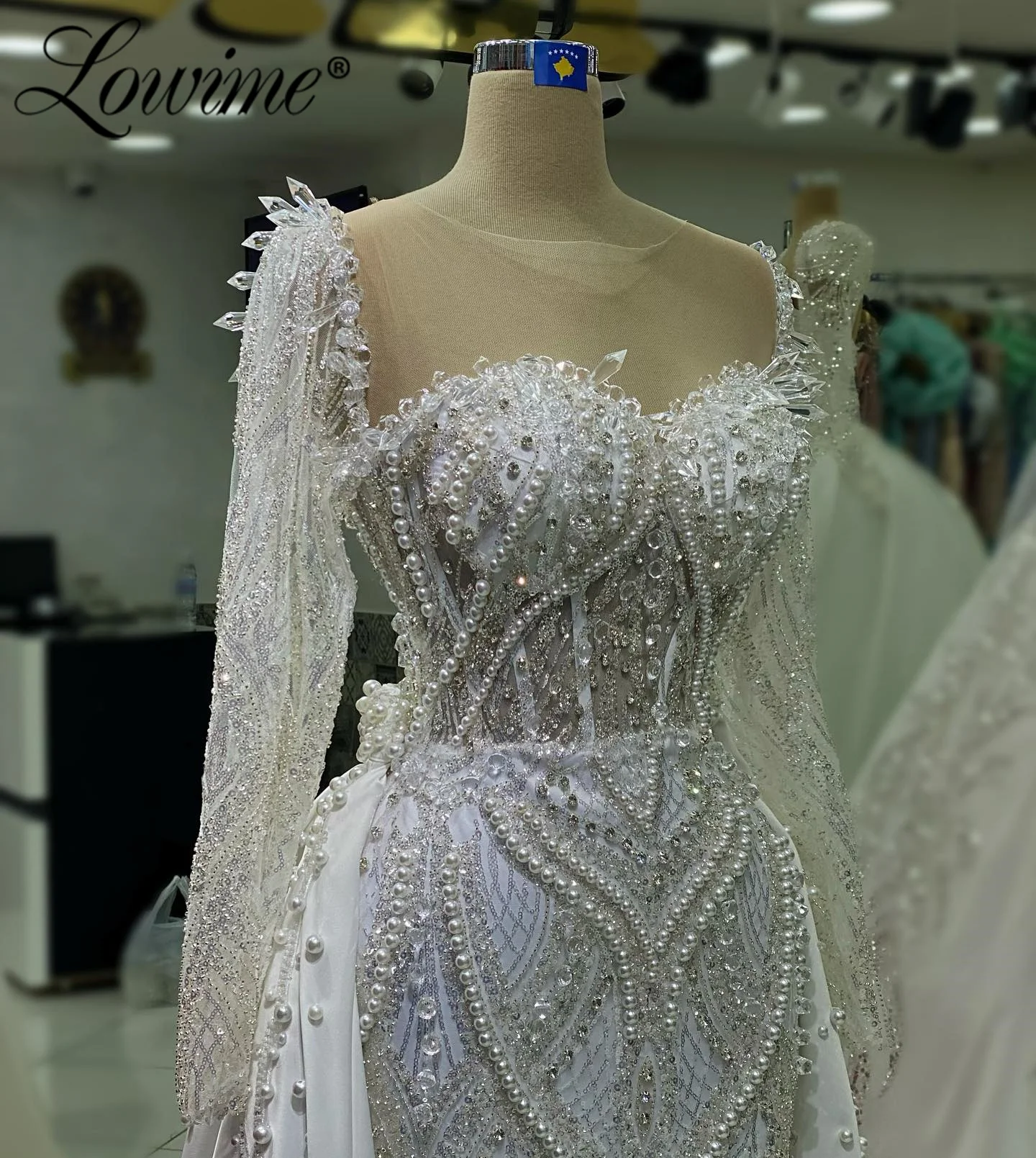 

Свадебное платье цвета слоновой кости с жемчугом, кристаллами и арабским фасоном «труба», вечернее платье для невесты, индивидуальный пошив, длинные рукава, вечернее платье (Robe De Soiree)