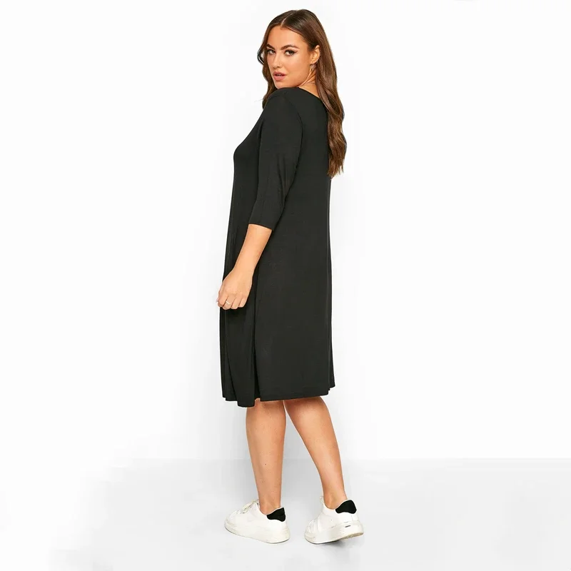 Plus Size Half Sleeve Casual Summer Tunic Dress Pockets Front Loose Straight Midi Dress Large Size Black T-shirt Dress 6XL 7XL