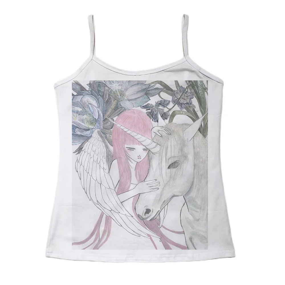 Traumhaftes Engel-Mädchen Einhorn Blumen-Skizzen-Print Damen Langarm-Oberteil Rundhals Slim Fairy Grunge Y2K Harajuku Ästhetisches Figurbetontes T-Shirt – Detail 5