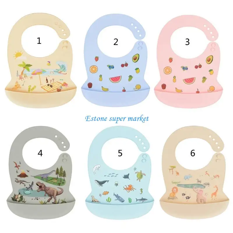 

090B Baby Cartoon Waterproof Bibs Adjustable Apron Silicone Newborn Feeding Catcher with Pocket