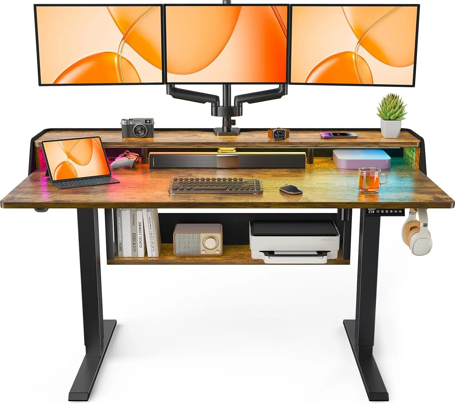 Electric Standing Desk with Bookshelf Monitor Stand LED Light 55x28 Inch Home Office, Customized