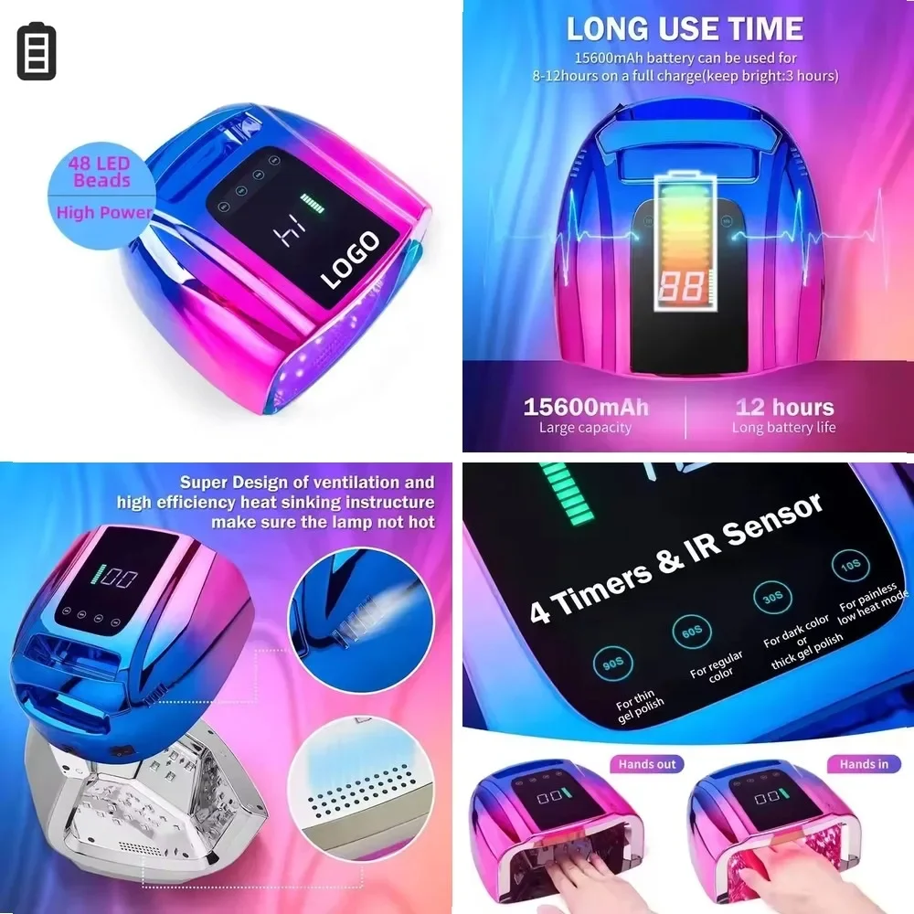 Portable 96W UV LED Nail Dryer Lamp, Cordless Gel Nail Polish Curing Light with Detachable Stainless Steel Base
