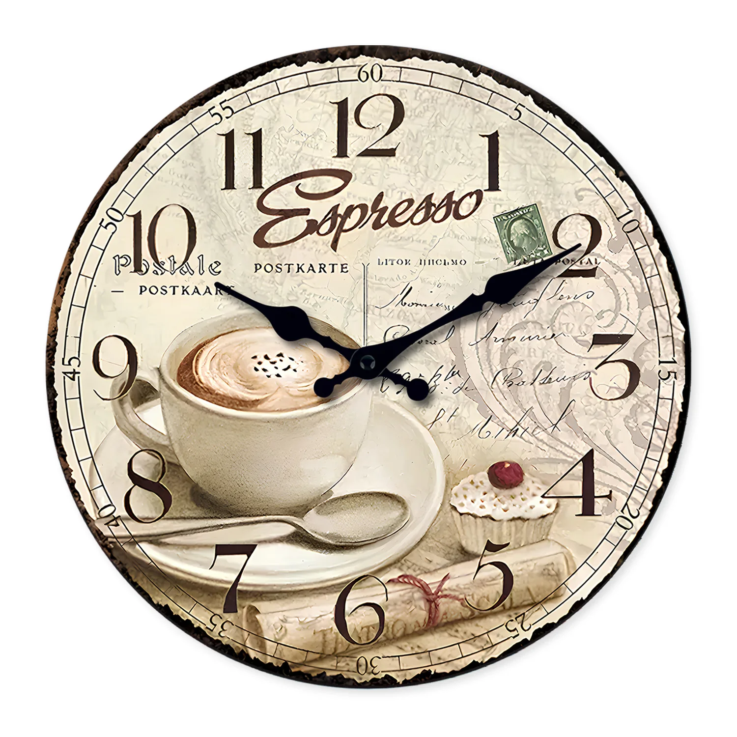 European Retro Coffee Cup Pattern Wooden Wall Clock Living Room Bedroom Kitchen Home Decoration Wall Clock Silent Quartz Clock Holiday Gift 10 Inches 12 Inches 14inch 16inch (No Battery)