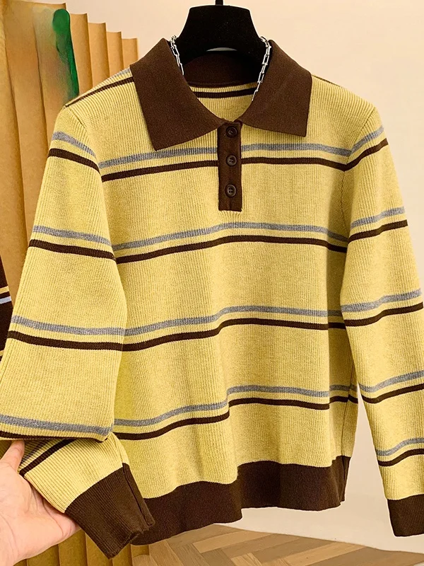 

Faionable Long Sve вязаный свитер, женский повседневный свитер больших размеров в полоску с воротником, топ с прикрытым мясом, искусственный двухсекционный