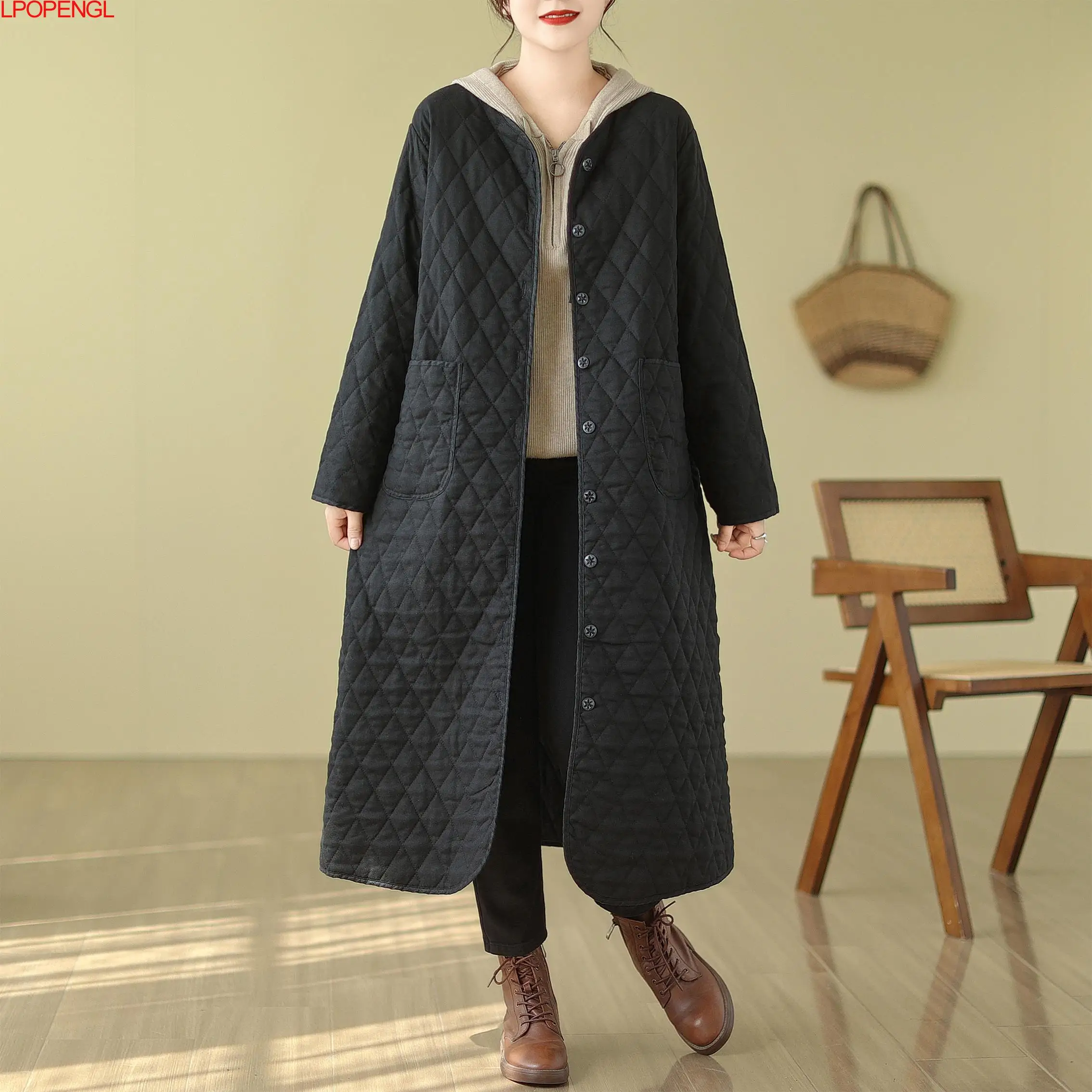 Autumn And Winter Streetwear Cotton Coat Women\'s New Vintage Checkered Loose V-neck Solid Color Long Sleeves Wide-waisted Jacket