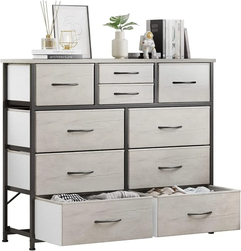 10-Drawer Dresser, Fabric Storage Dresser Drawers for Bedroom, Hallway, Nursery, Closets, Steel Frame, Wood Top