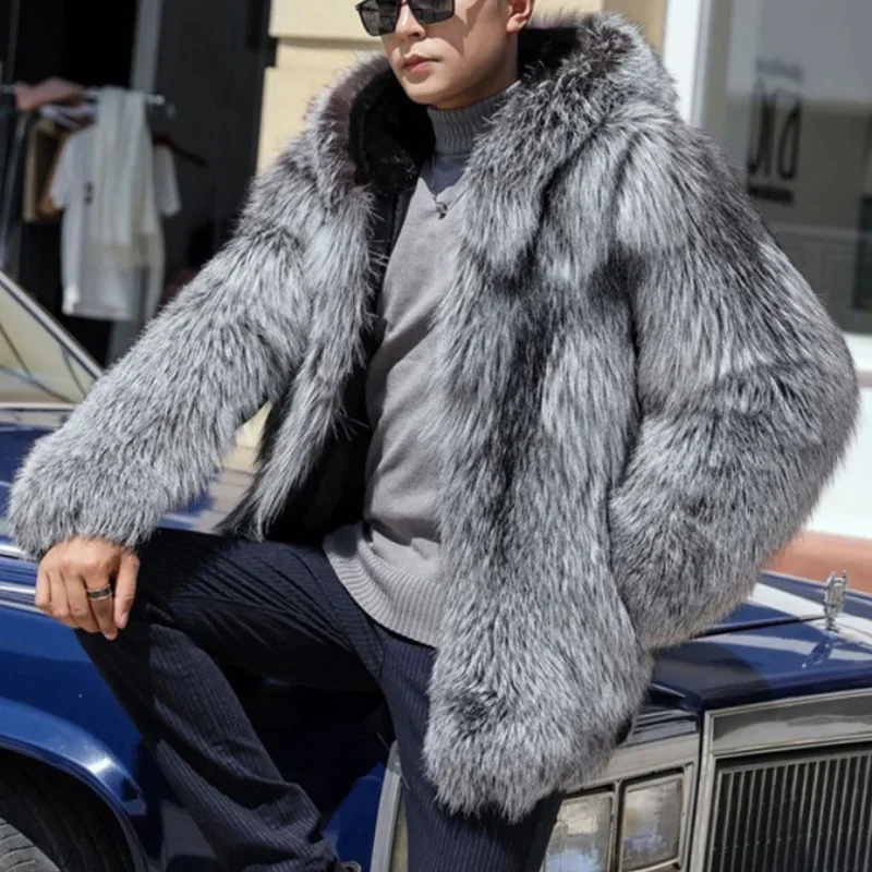

Fur Coat Men Autumn Winter Hooded Thick Faux Fox Jacket Long Sleeve Warm Luxury Black Parkas Bontjas Shaggy Outerwear JJ1000