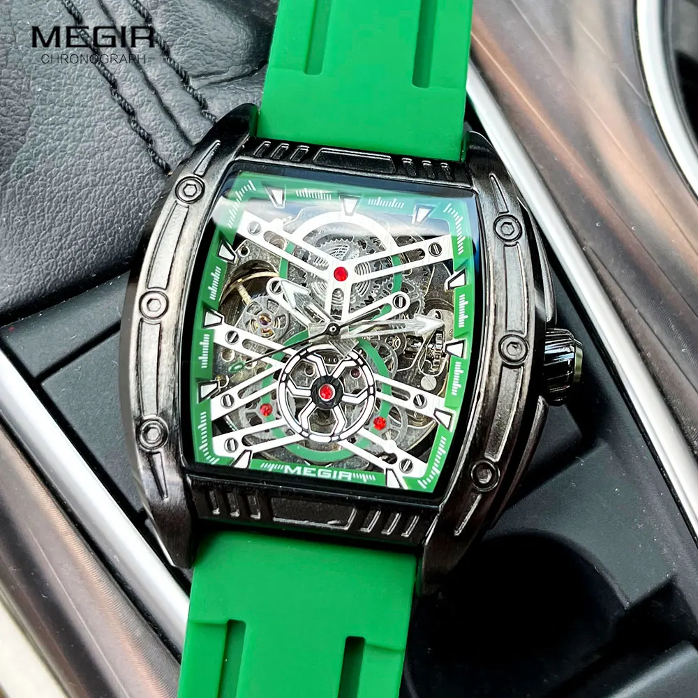 MEGIR Fashion Green Silicone Strap Mechanical Watch Men Military Sport Waterproof Analog Automatic Wristwatch with Tonneau Dial