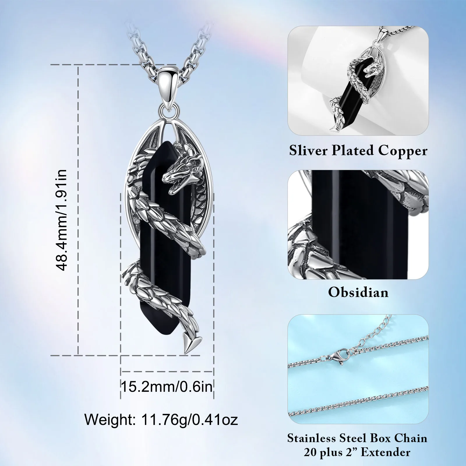 Eudora Dragon Twining Hexagonal Obsidian Prismatic Necklace Energy Natural Healing Stone Crystal Pendant Spiritual Jewelry Gift