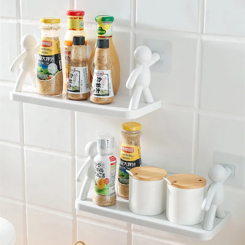 New Storage Shelves No punching Cute White Doll Shelves Shelf Self-adhesive Kitchen Spice Jar Cosmetics Bathroom Storage Racks