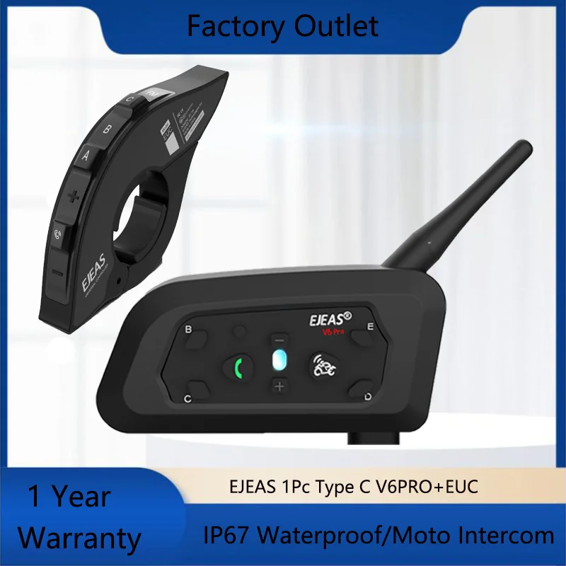 EGuitar-Oreillette Bluetooth type C V6 Pro + pour moto, appareil de communication pour casque, intercom, talkie-walkie perforé avec télécommande EUC, 1 pièce