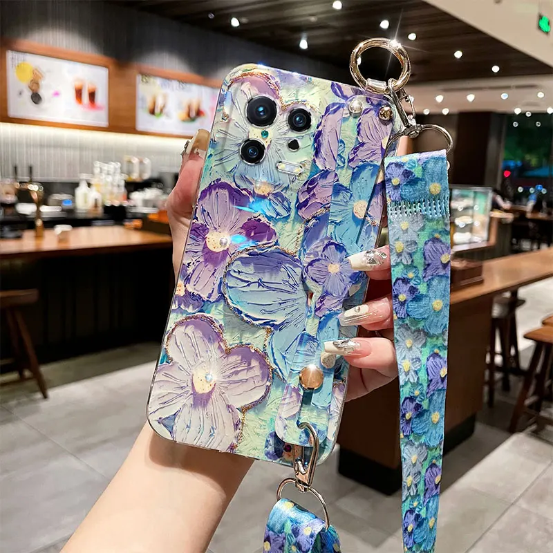 IMD 손목 밴드 랜야드 케이스, 샤오미 13, 12 미, 10T, 11T, 11 라이트, 12T, 레드미 노트 11 프로, 12c, 10c, poco M4 프로, 플라워 충격 방지 케이스