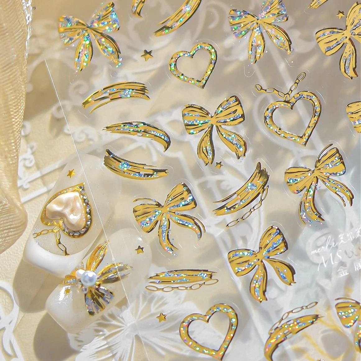 

Shimmering Gold Bowknot Glitter Powder Ribbon Love Heart Jelly Sparkle Nail Art Stickers Manicure Tools Decals Charm Decorations
