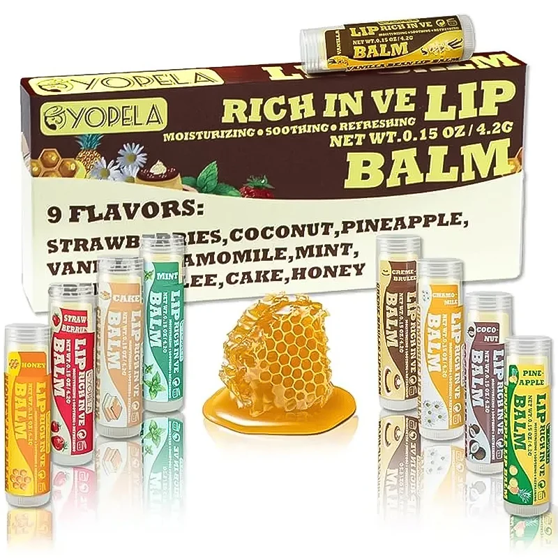 

9 FlavoursLip Balm Set Bulk Natural Lip Balm with Vitamin E Coconut Oil Moisturises Soothes Repairs Dry Chapped Makeup