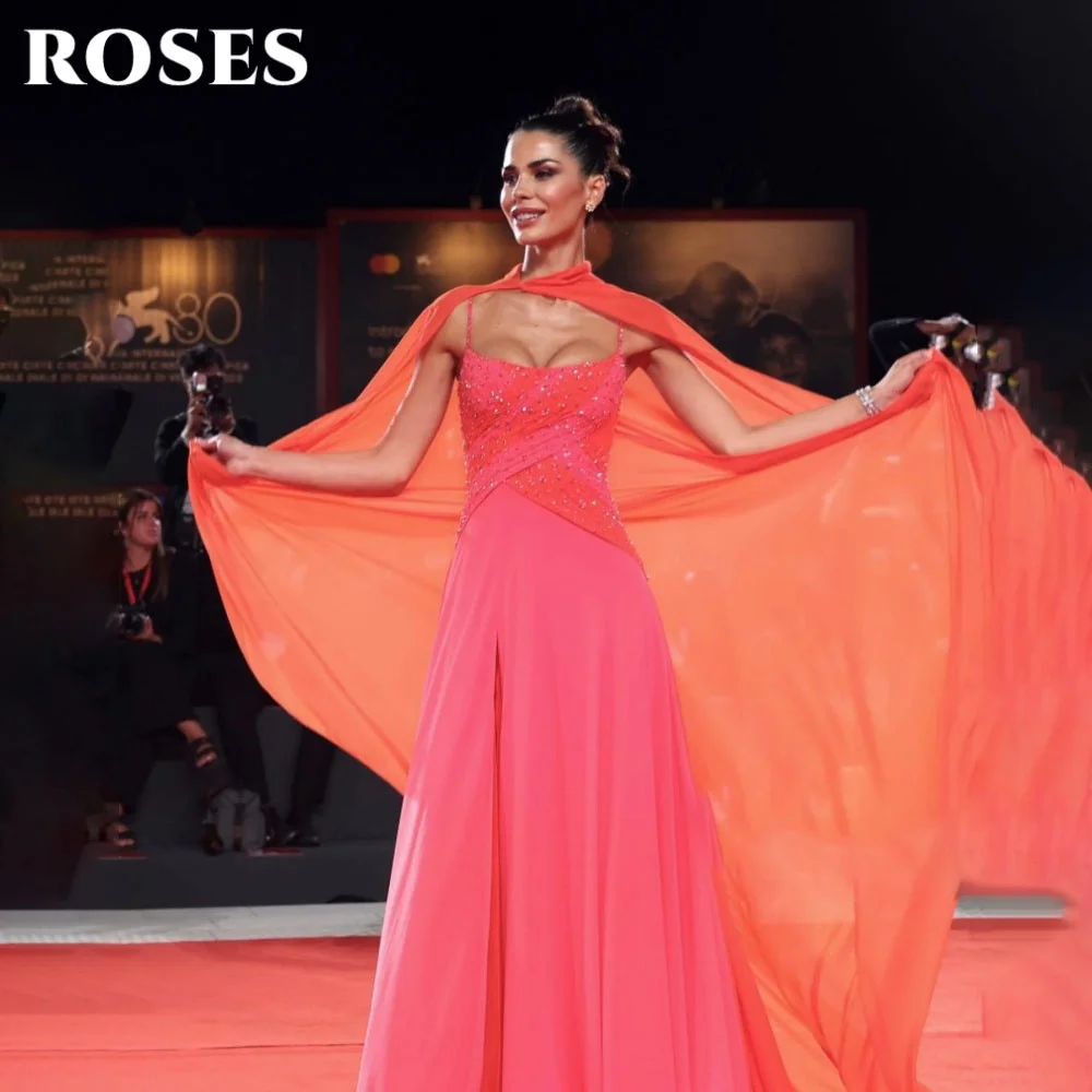 فستان حفلة موسيقية وردي وردي بحزام سباغيتي على شكل حرف a مع شال فساتين سهرة مع طيات بدون أكمام فستان رسمي للحفلات حسب الطلب #1