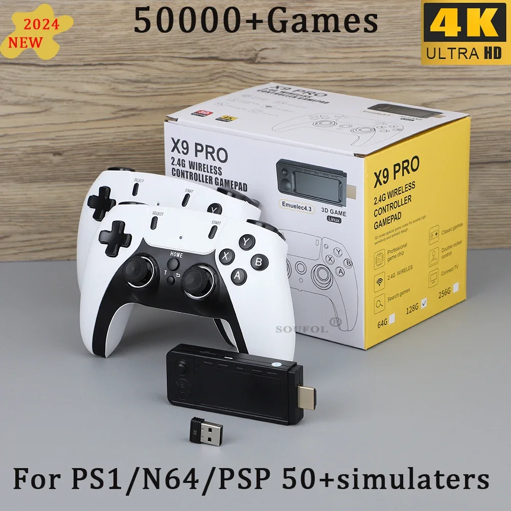 New X9 Pro Retro 4K 3D Game Stick TV HD Video Game Console 905X3 256G 50000 Games For PS1/PSP/SFC/N64 Dual 2.4G Controller