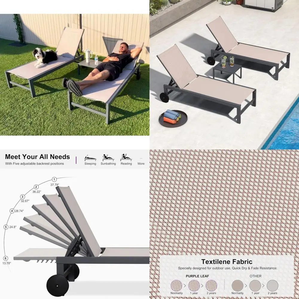 Ensemble de chaise longue d'extérieur en aluminium pour deux avec dossiers inclinables réglables et roues portables