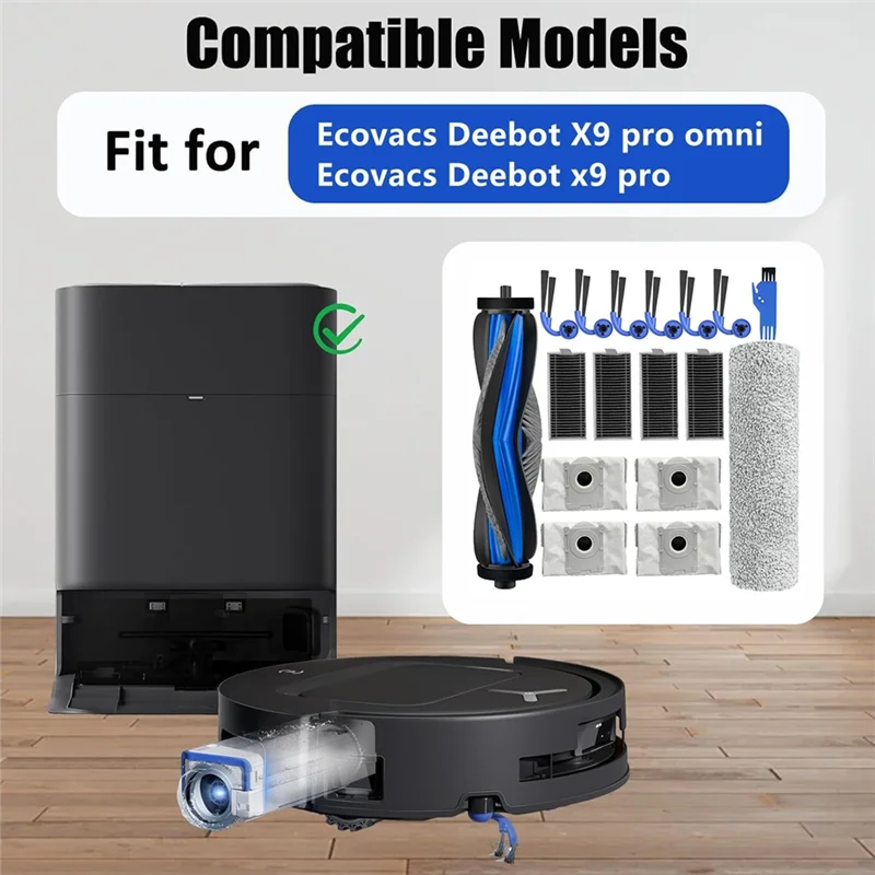 ABVI-ชุดอุปกรณ์เสริมสําหรับ Ecovacs Deebot X9 Pro Omni / X9 Pro หุ่นยนต์เครื่องดูดฝุ่น,แปรงหลัก,ถุงเก็บฝุ่น