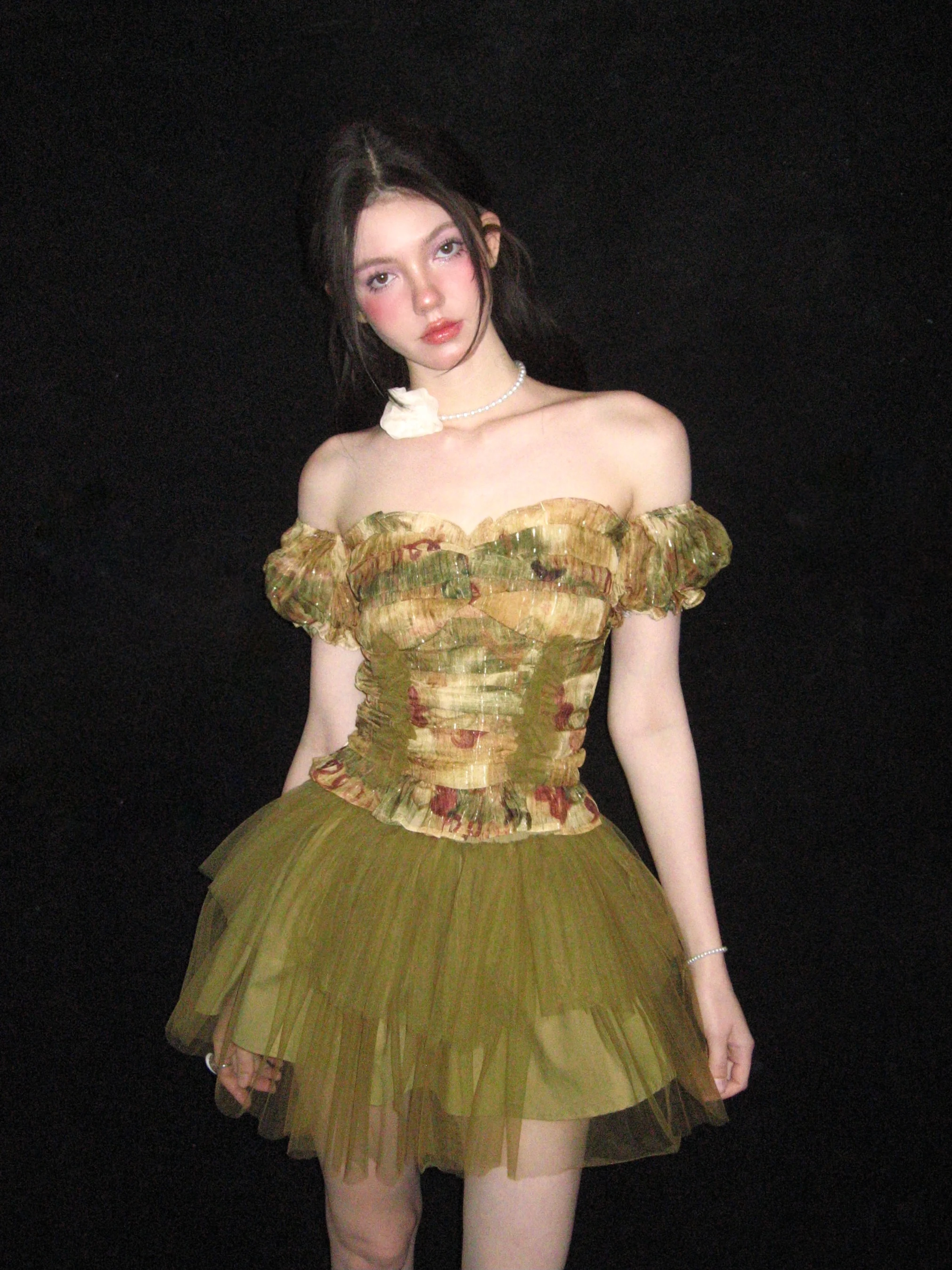 

RunRunSweet Original een Wild Fairy Retro Print Ruffle Trim Bustier Bubble Sve Tulle Skirt Set Summer Sweet Fit Dr