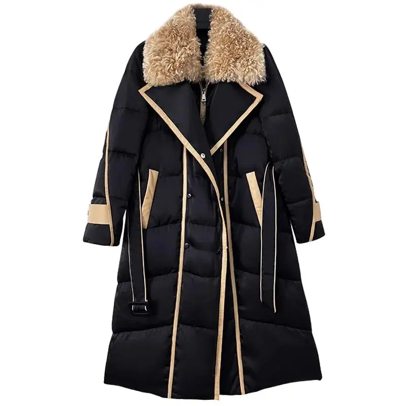 Winter Neue Design Lange Ente Unten Jacke Mäntel Weibliche Verdicken Parkas Mantel Schwarz Große Pelz Kragen Lose Schnee Unten Jacke Frauen