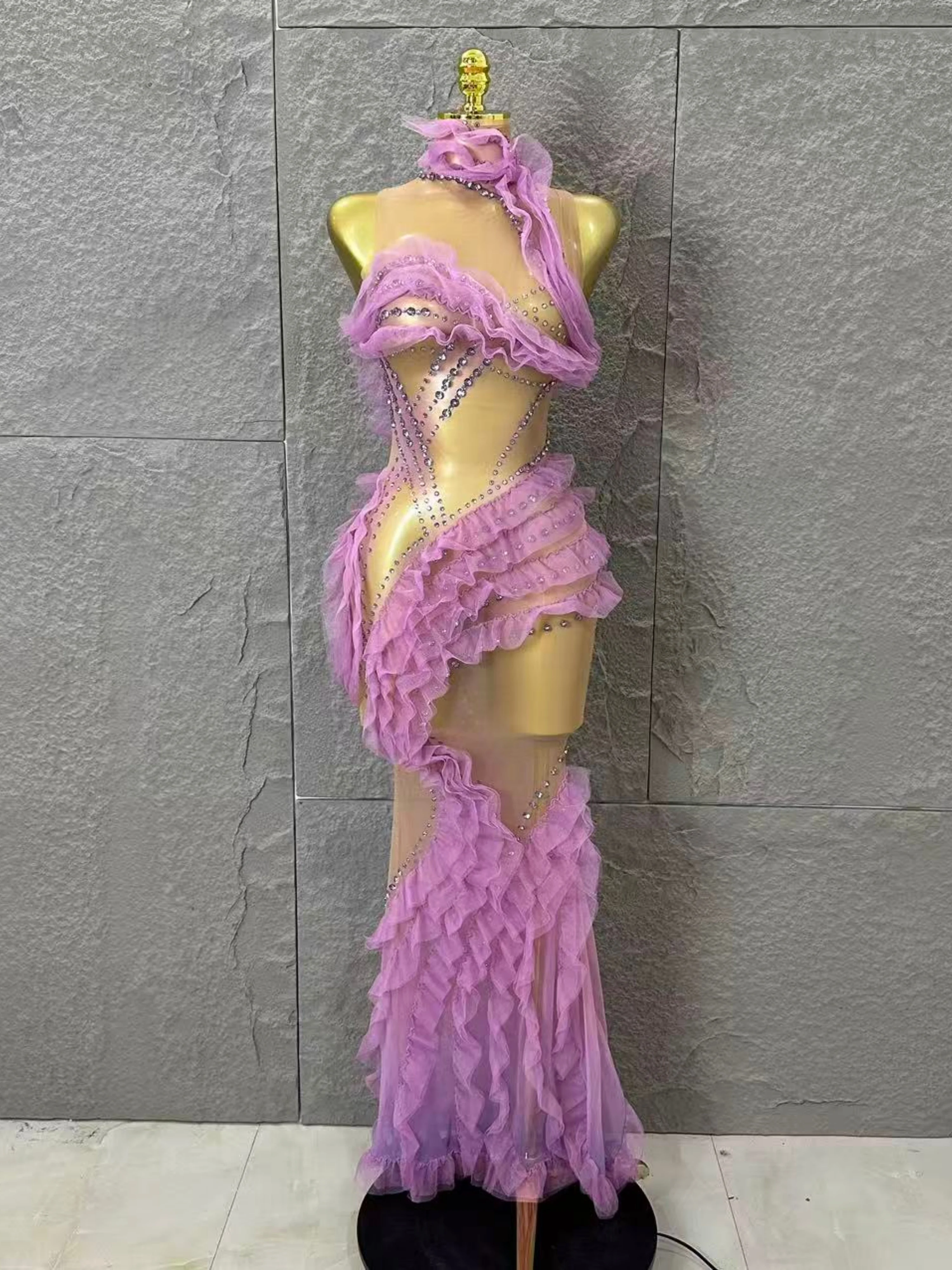 Luxurious Vibrant Ruffled Sheer Crystal-Embellished Pattern Gown Sexy Performance Costume Nightclub Glamorous Formal Event Gown