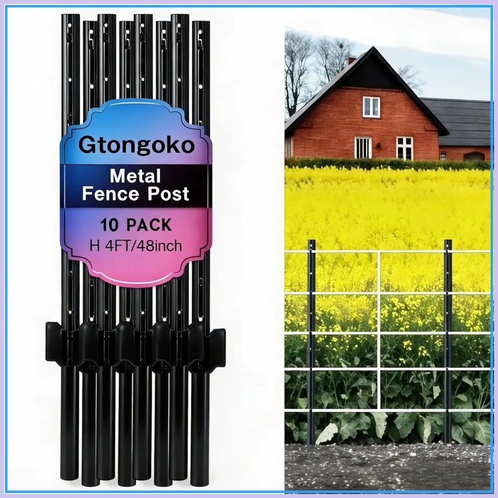 

4FT Heavy Duty U Channel Fence Posts 10 Pack with Anchor Plates, Black Steel T Posts for Garden Yard Farm Wire Fencing