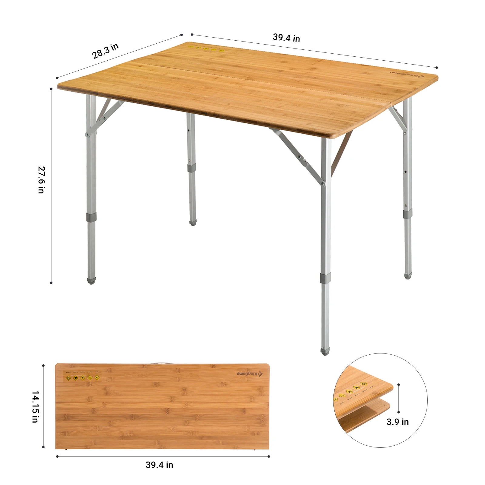 KingCamp Bamboo Table With Adjustable Height Aluminum Legs Portable For Office, Travel, Picnic, Yellow