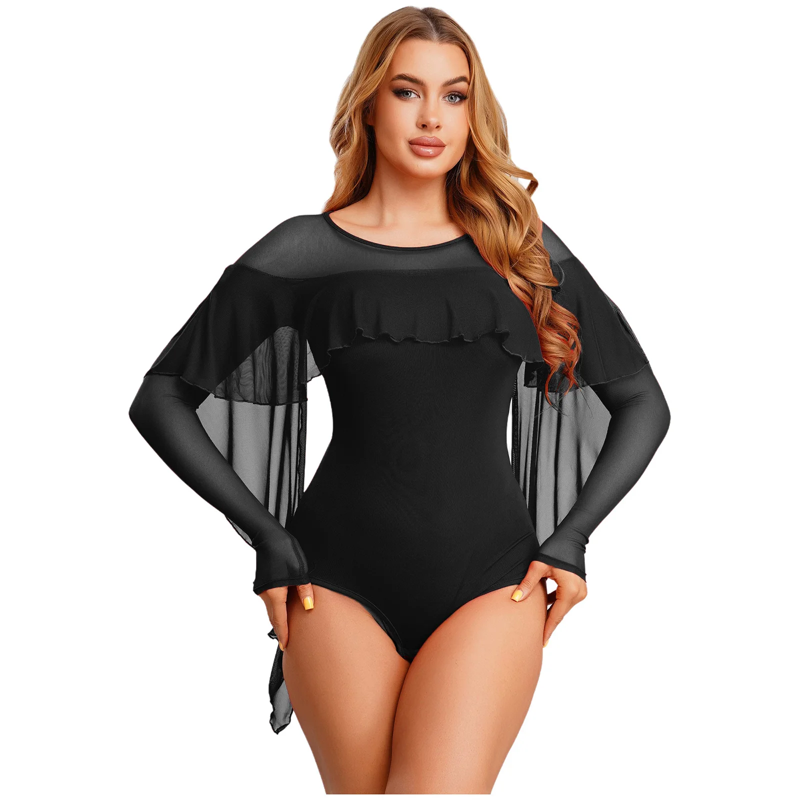 

Womens Lyrical Dance Bodysuit Mesh Patchwork Irregular Overlay Long Sleeve Openable Crotch Leotard Tango Modern Dance Costume
