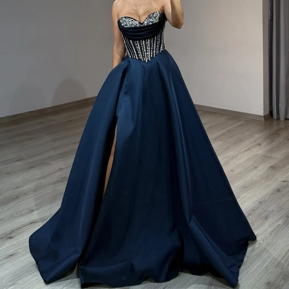 

Customized A-line Evening Dresses Floor-length Strapless Sleeveless Prom Gown Fashion Crystal Backless Lace-up Draped Party Gown
