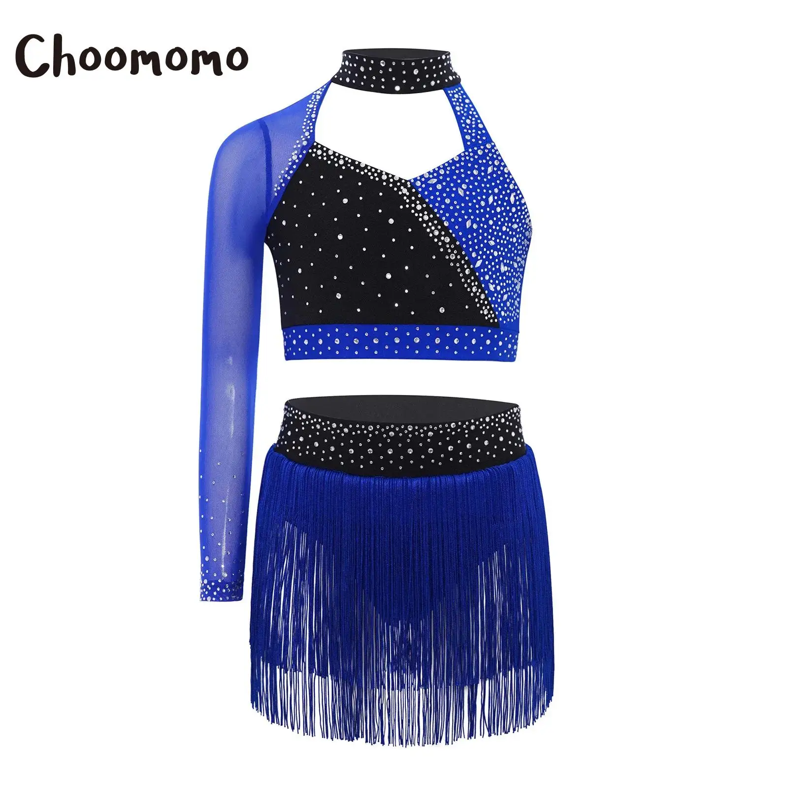 

Kids Girls Latin Dance Performance Costume Lyrical Ballet Dance Outfit One Shoulder Rhinestone Crop Top +Tassel Briefs Skirt Set