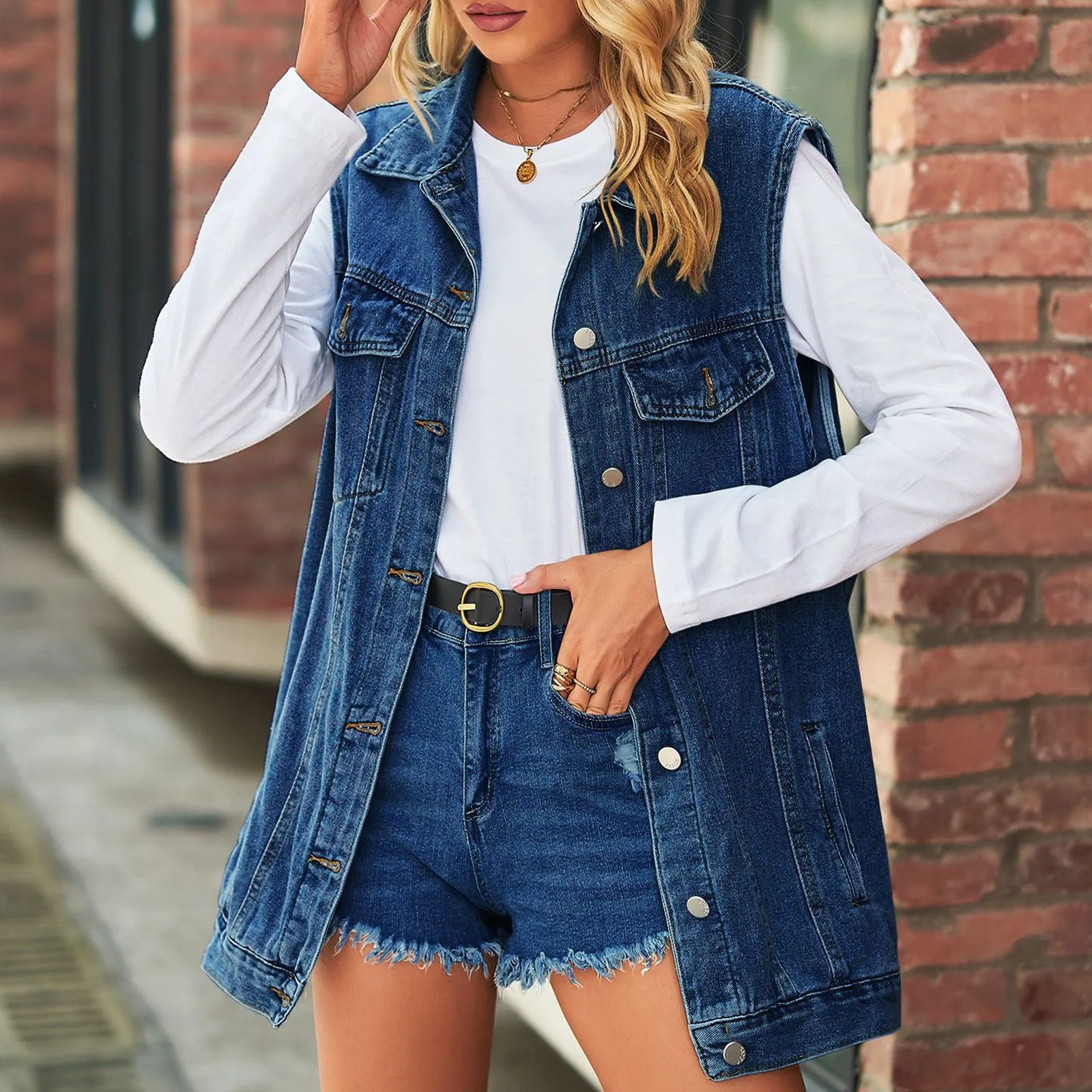 Hot Sale Women Black and Blue Sleeveless Denim Vest Fashion Loose Long Jeans Coat Street Casual Female Clothing Drop Ship