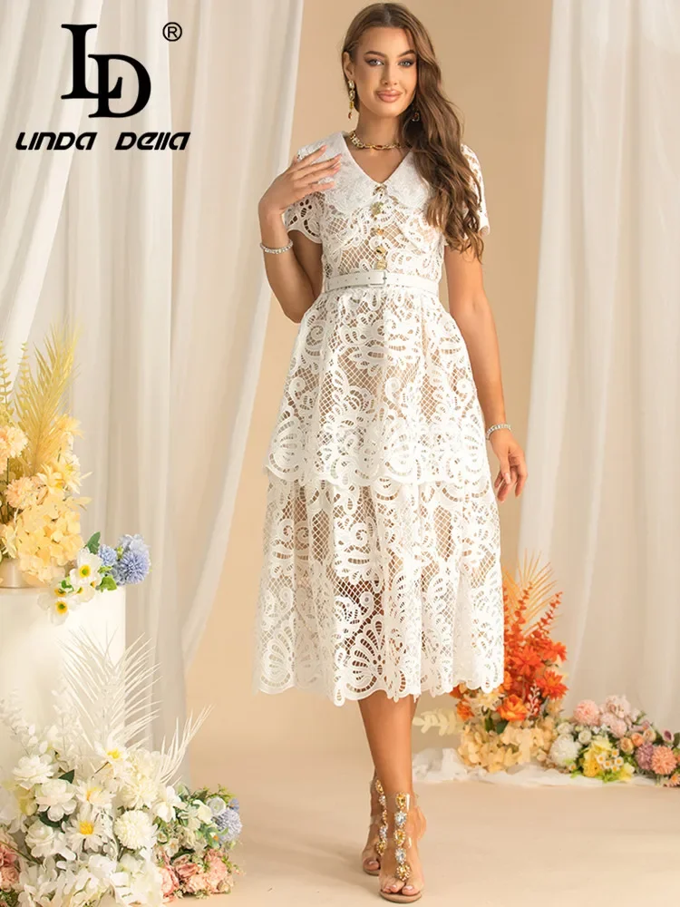 

LD LINDA DELLA Autumn Women's Dress High waist Lace-Up Slim Lace Hollow Out Peter Pan Collar Chic Button young girls' Dresses