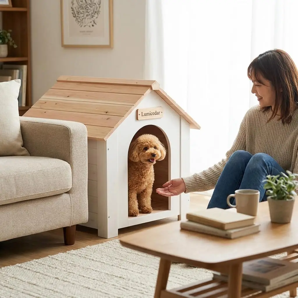 Modern Indoor Wooden Dog House with EVA Cushion, Solid Cedar Pet House for Small Dogs and Cats, Natural Wood Shelter