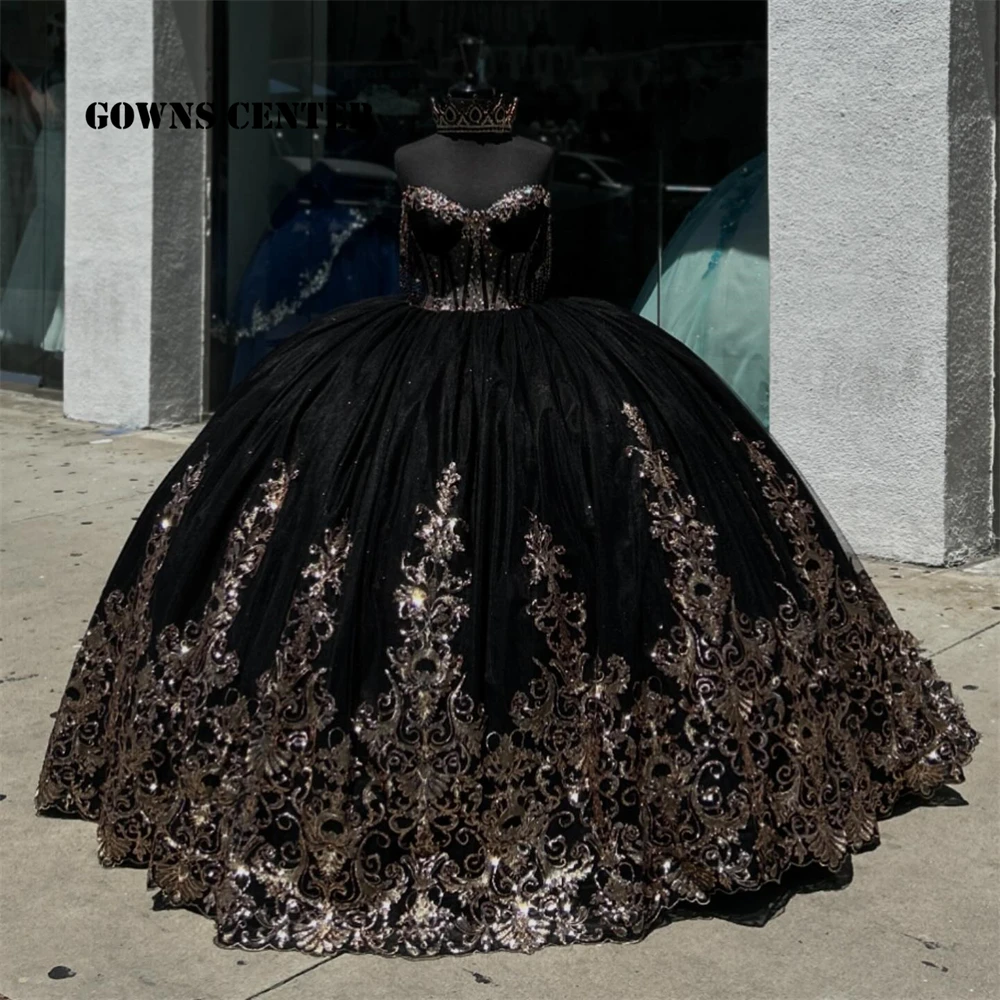 Speciale Gouden Applique Zwarte Quinceanera Jurk 2024 Mexicaanse Verjaardagsjurken Baljurk Vintage Verjaardag Sweet 16 Jurk Pornos