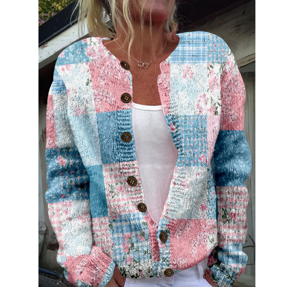 

Осень-зима вязаный клетчатый кардиган с цветочным принтом, повседневный свитер, уличная одежда, женские свитера, вязаный топ, крутые джемперы, модные