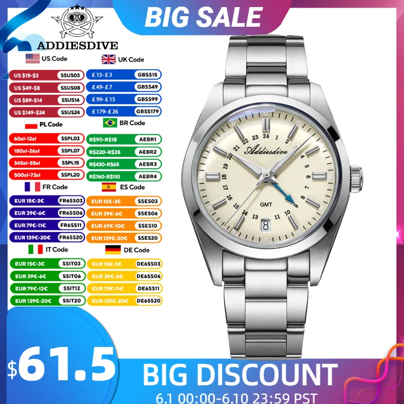 

ADDIESDIVE GMT New Watch Quartz Wristwatch Swiss Movement 100m Waterproof Domed Glass Date Luminous Stainless Steel 36mm Watch