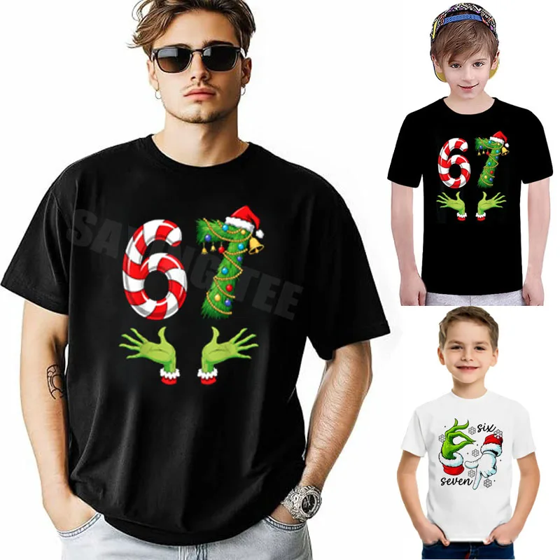 Funny 67 Meme Six Seven 6 7 Matching Christmas 67 Boys T-Shirt Y2k Elf Hand Teens Xmas Graphic Outfit Cute Tees Novelty Gifts
