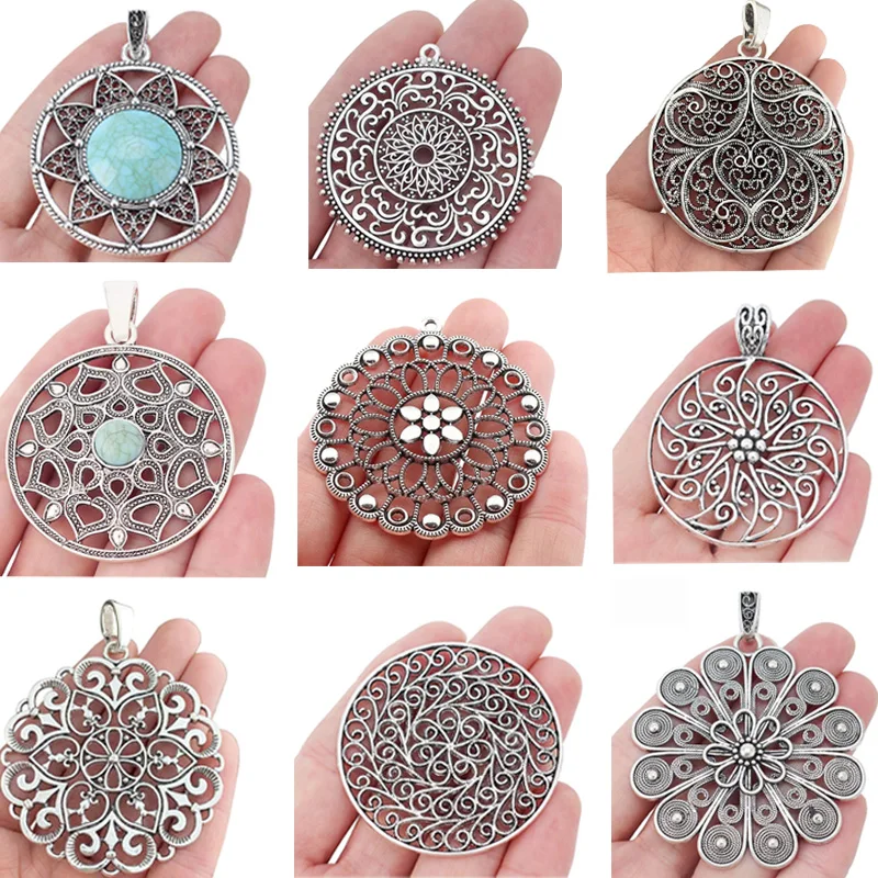 2 szt. Tybetański srebrny duży koronkowy filigranowy kwiat Tribal okrągłe Charms eleganckie wisiorki dla naszyjnik DIY komponenty do wyrobu biżuterii