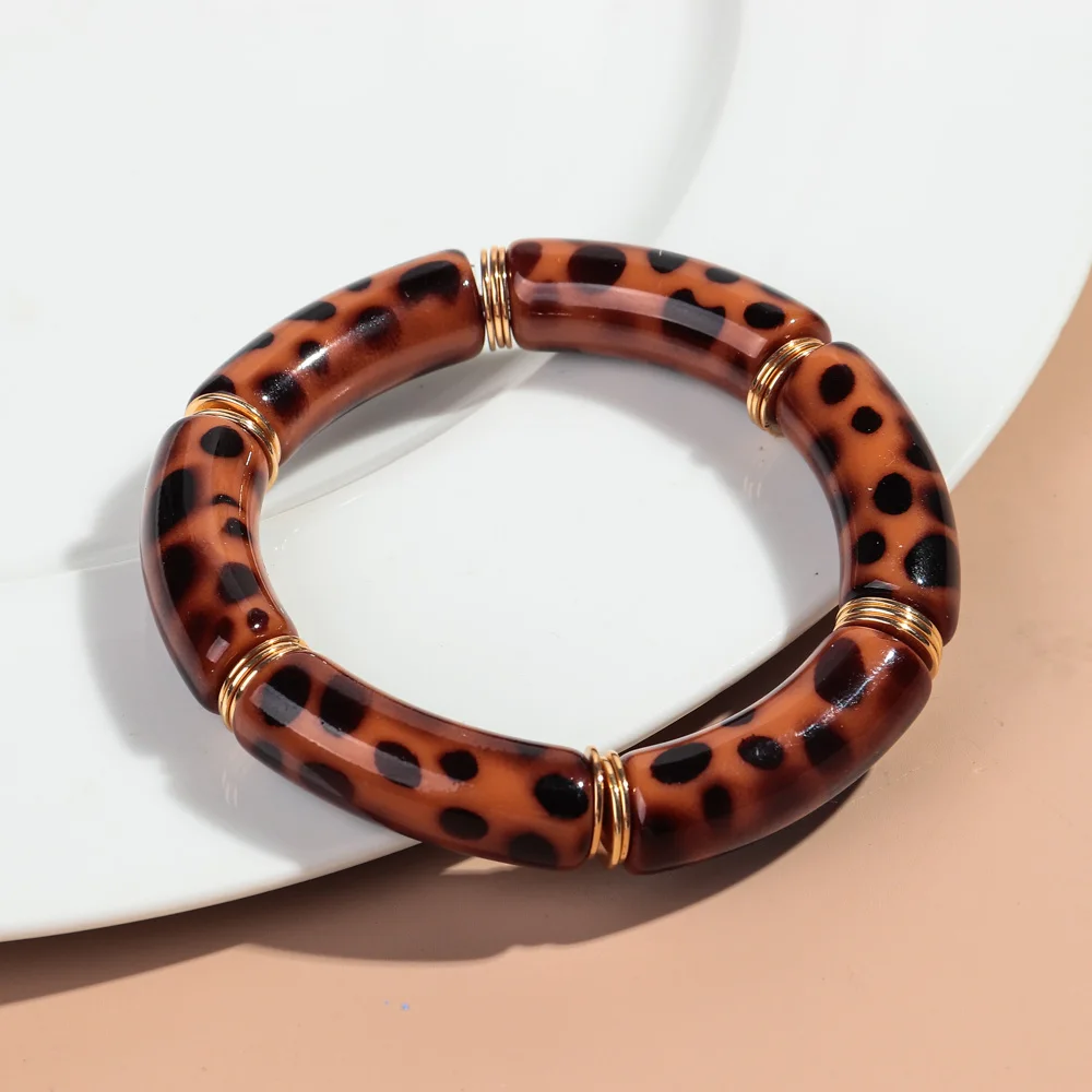 Vintage Acryl Leopard Elastische Gebogene Rohr Perlen Armbänder Neue Stretch Dicken Armreif frauen Mode Schmuck Geschenke – Detail 10