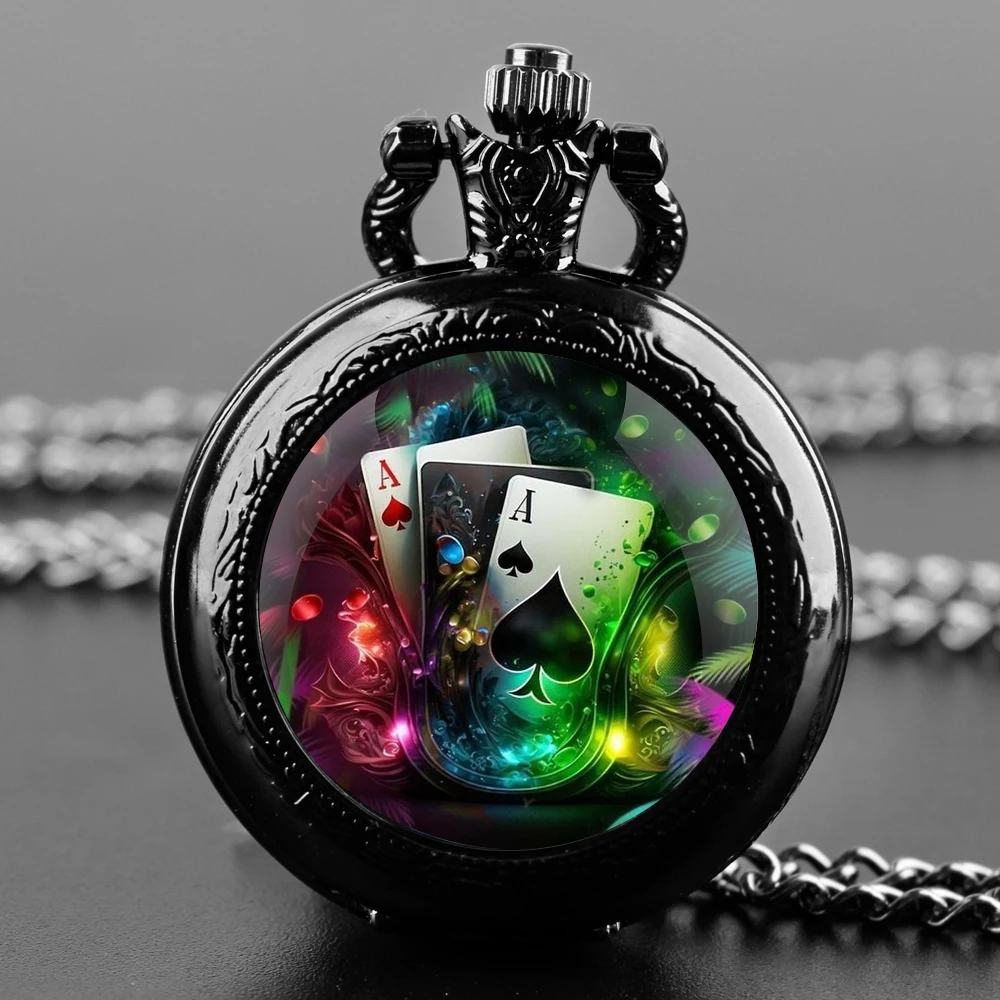 ساعة جيب كوارتز سوداء على شكل قبة زجاجية من Magic Poker مع قرص أرقام عربية وسلسلة متينة هدية كلاسيكية للرجال والنساء