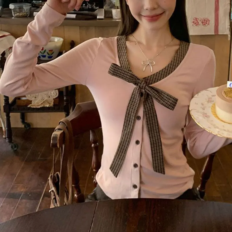 Stylish V-neck Drawstring Bow Slim Pullovers Spring Autumn Long Sleeve Female Clothing Hotsweet Plaid Patchwork Basic T-shirts