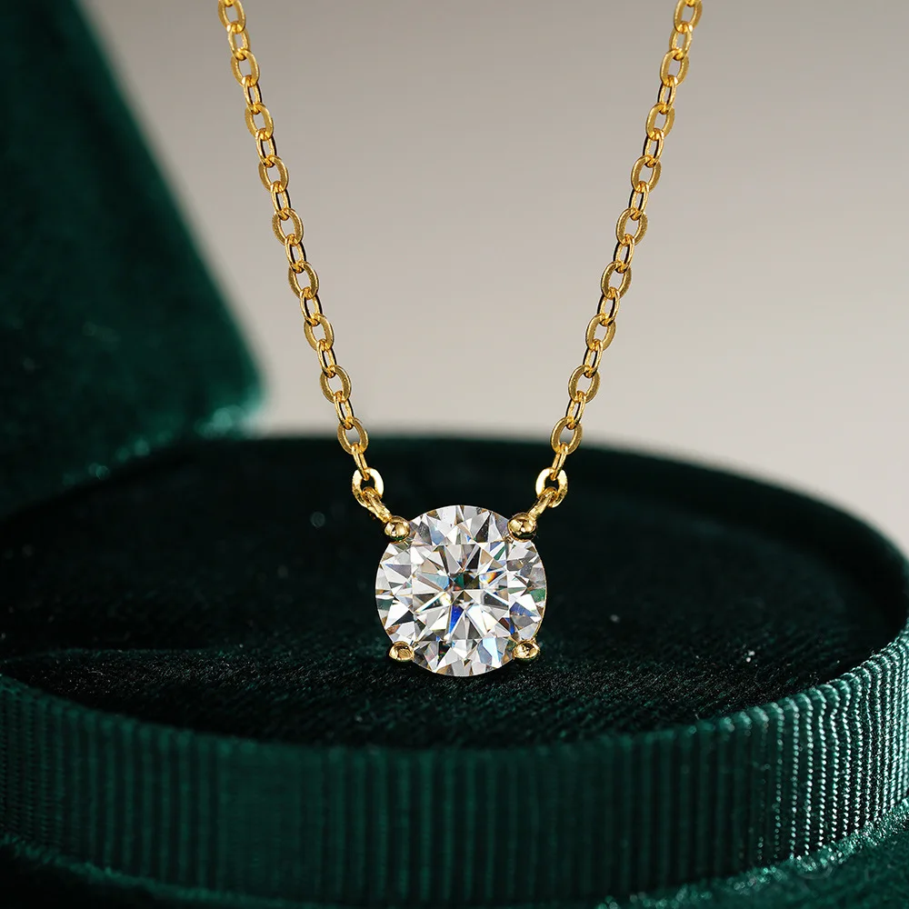 

925 Sterling Silver 14K Gold Plated Moissanite Four Prong Pendant Necklace for Women Elegant Style Everyday Wear